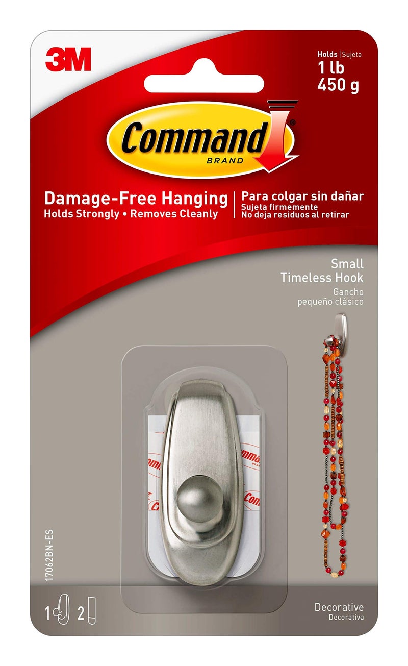 Command Small Timeless Hook, Brushed Nickel, 1-Hook, 2-Strips, Decorate Damage-Free - Image 1